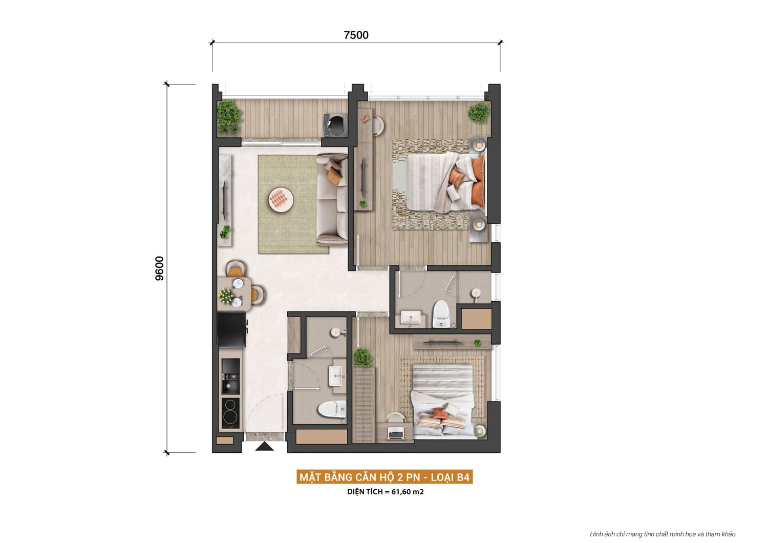 Layout thiết kế căn hộ 2 phòng ngủ loại diện tích 61,60m2 dự án Sun Nha Trang