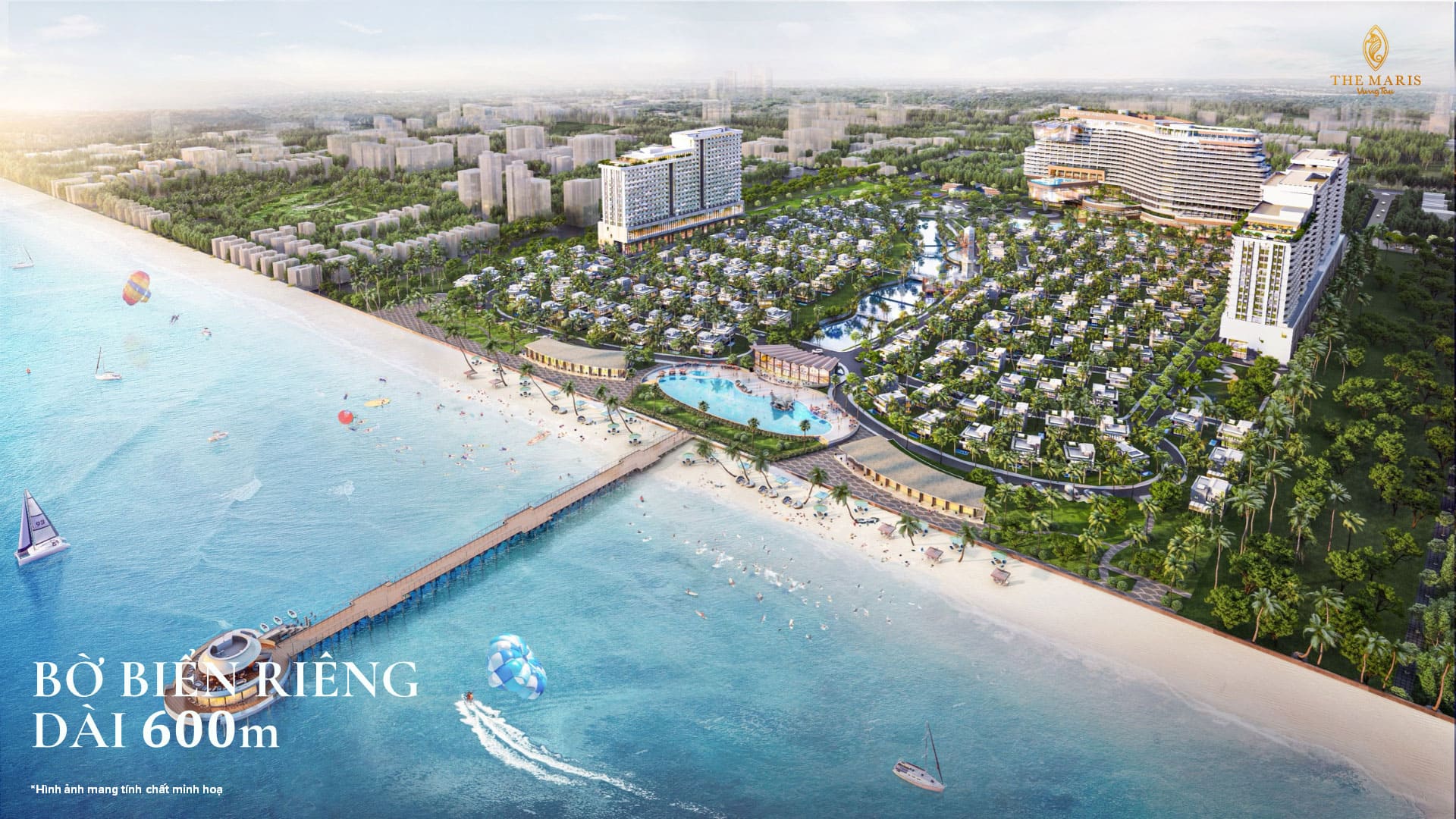 Bờ biển riêng dài 600m tại The Maris mang đến không gian nghỉ dưỡng thuần khiết, nơi chủ nhân tận hưởng sự riêng tư tuyệt đối và vẻ đẹp biển xanh bất tận.
