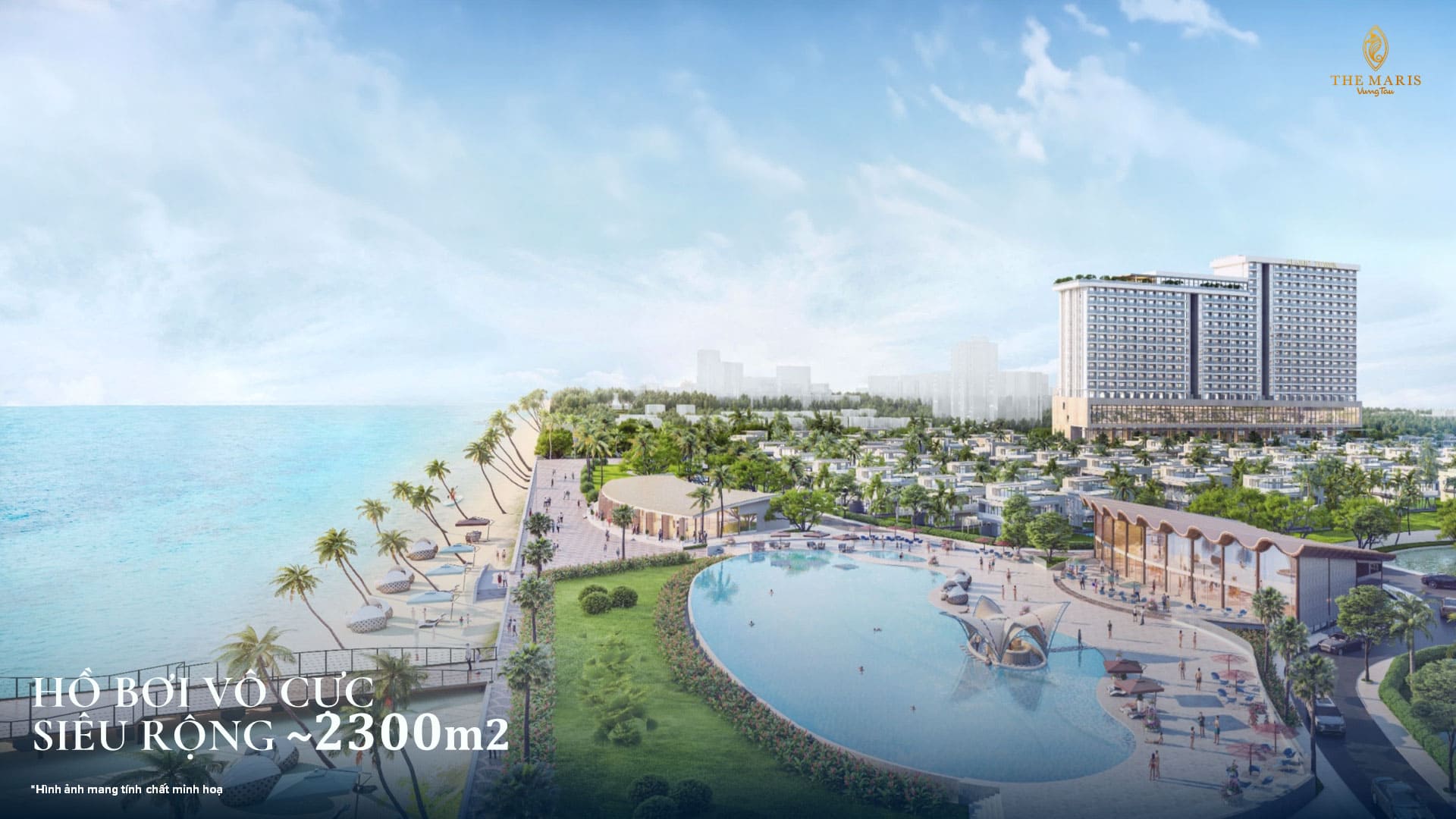 Hồ bơi vô cực 2.300m² lớn nhất Vũng Tàu tại The Maris mang đến trải nghiệm nghỉ dưỡng đỉnh cao, nơi làn nước hòa vào đường chân trời tuyệt đẹp.