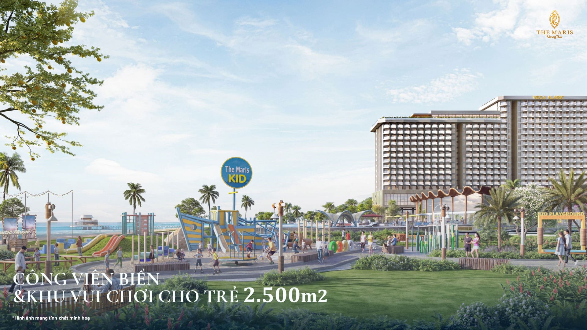 The Maris sở hữu khu vui chơi trẻ em 2.500m² kết hợp công viên biển xanh mát, tạo nên không gian lý tưởng cho gia đình tận hưởng những khoảnh khắc trọn vẹn bên nhau.