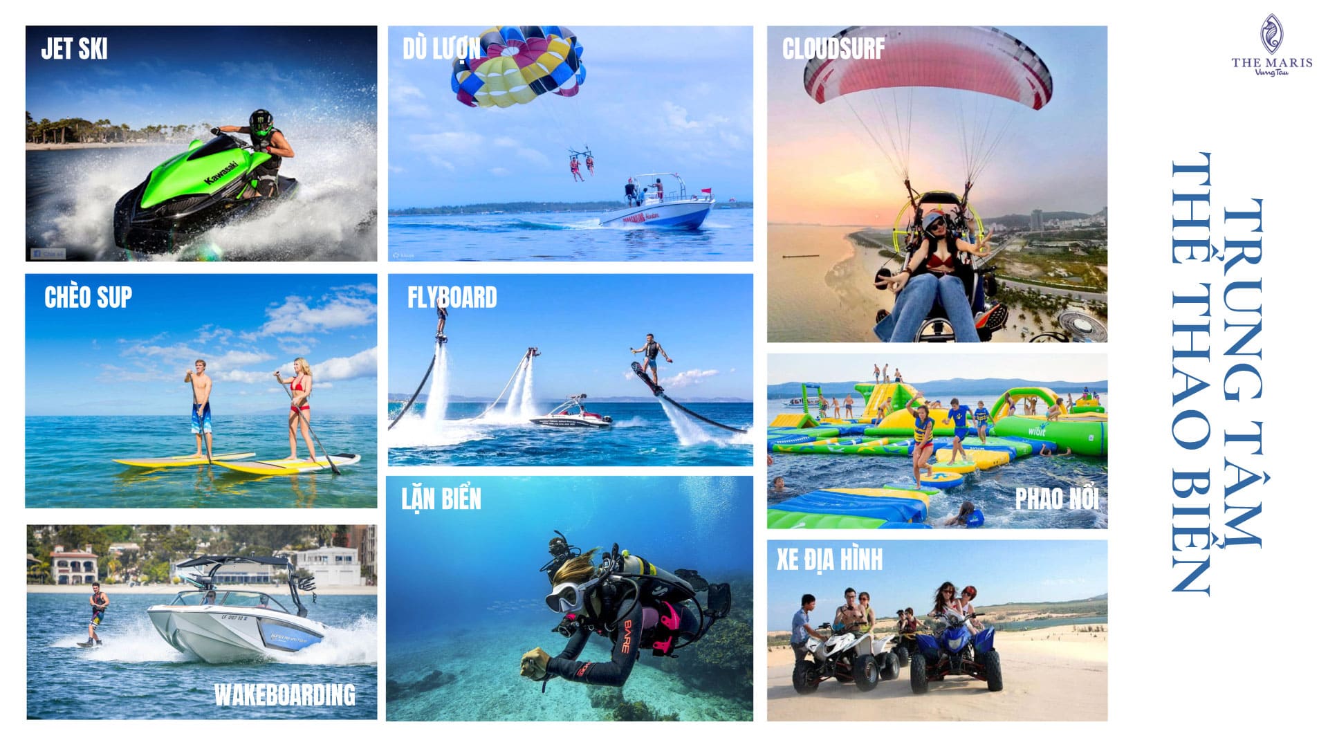 Trung tâm thể thao biển The Maris mang đến chuỗi hoạt động sôi động như kayaking, lướt ván, chèo SUP, giúp cư dân tận hưởng trọn vẹn năng lượng đại dương mỗi ngày.