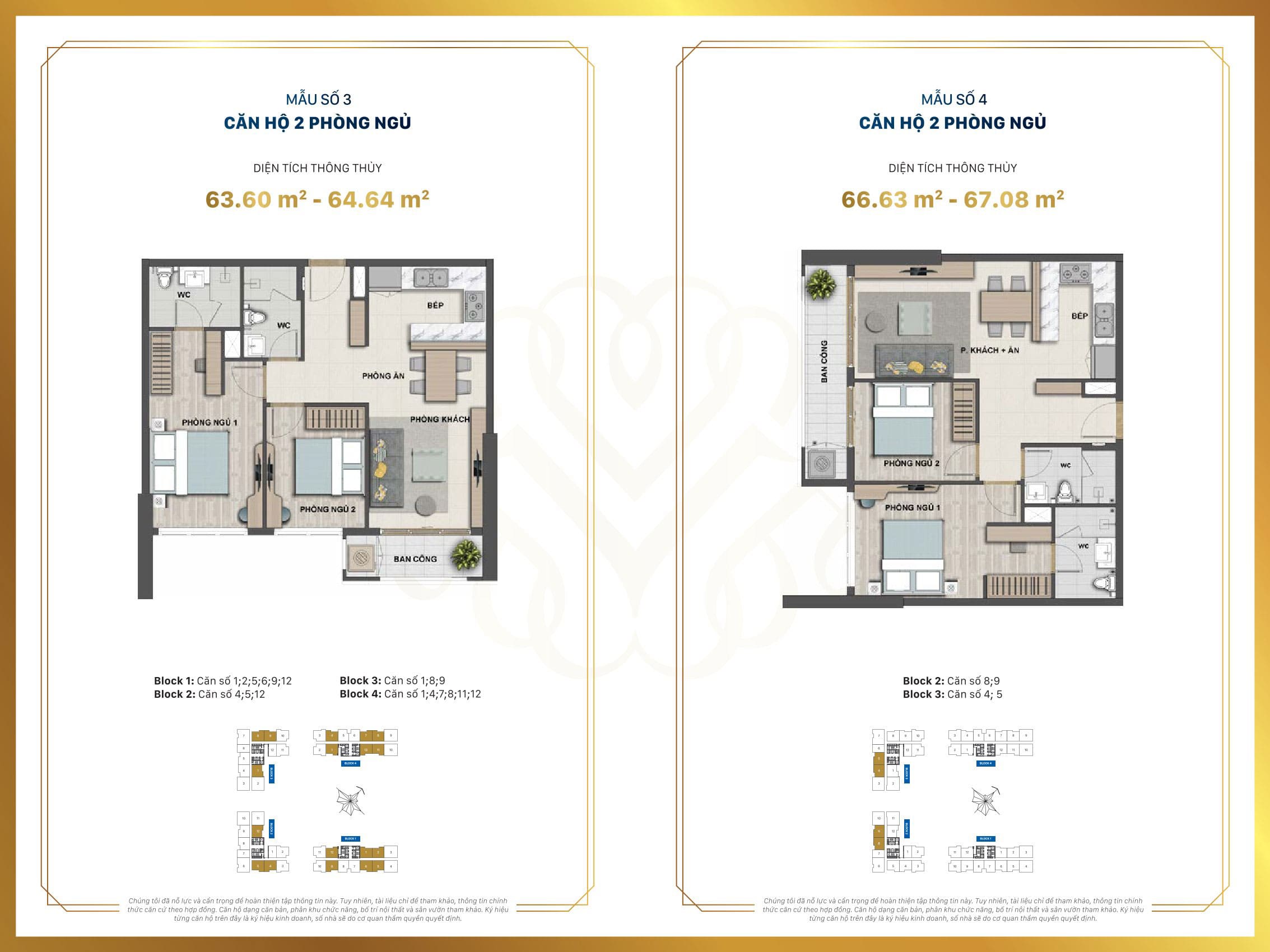 Layout thiết kế căn hộ 2 phòng ngủ Victoria Village có diện tích từ 63m2 - 67m2