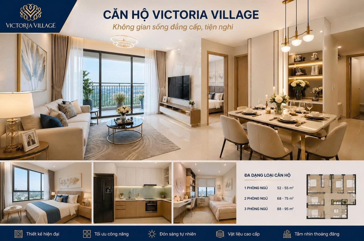 Không gian phòng khách liên thông bếp tại Victoria Village phù hợp để minh họa cho bài viết phân tích độ tiện dụng của thiết kế mở trong căn hộ cận trung tâm.